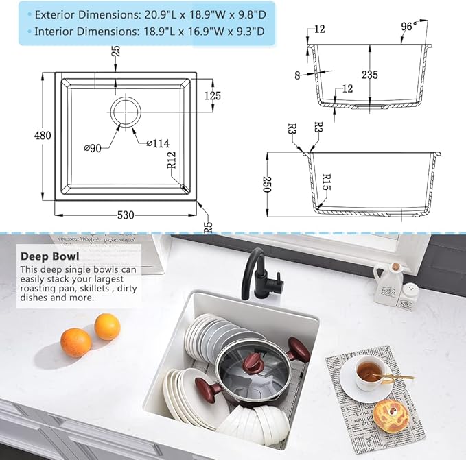 21 Inch Rv Sink Undermount-VASOYO 21x19 Wet Bar Sink Undermount Prep Outdoor Sinks White Quartz Composite Kitchen Sinks Small Deep Singe Basin with Bottom Grid