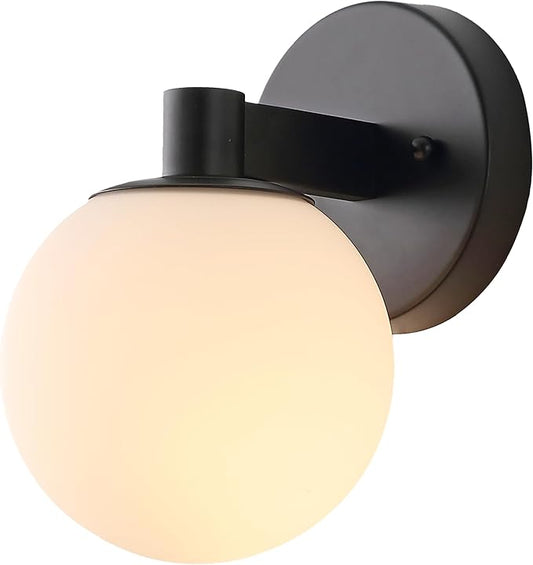 JONATHAN Y 5.75" Black/White 1-Light Modern Globe LED Vanity Wall Sconce Light, White Frosted Glass Shade, Mid-Century Art Deco Wall Lamp for Bathroom, Kitchen, Hallway (JYL3540B)