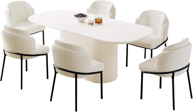 Miuuod 70" Extra Large Dining & Kitchen Table Set, Solid Kitchen Table with 6 Chairs,Large Oval Dinner Table with Rounded Corners for Dining Room,Living Room Furniture,Cream White
