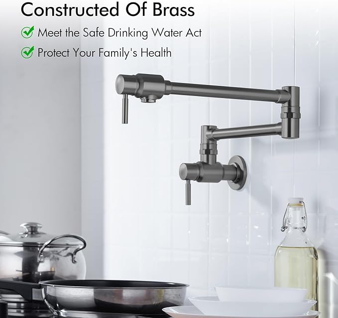 BAGNOLUX Traditional Wall Mount Single Hole Pot Filler Faucet, Black Stainless Pot Filler, Brass Kitchen Faucet Stove with 2 Lever Handles and Double Jointed Swing Arm, 23.4 Inch, Black Stainless-PVD