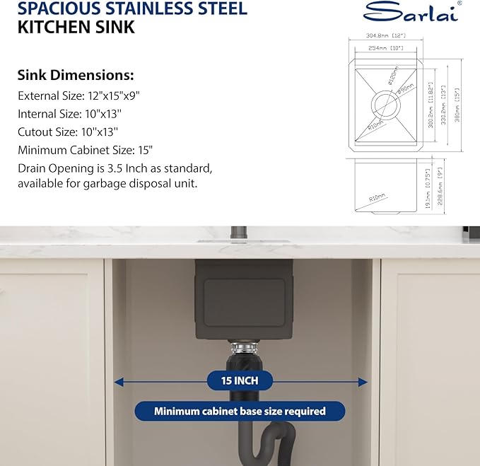 Sarlai 12 Black Bar Sink - 12 x 15 Inch Undermount Workstation Bar Prep Sink Gunmetal Black Undermount Single Bowl Small Bar Outdoor 16 Gauge Stainless Steel RV Kitchen Sinks Basin