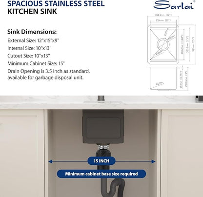 Sarlai 12 Black Bar Sink - 12 x 15 Inch Undermount Workstation Bar Prep Sink Gunmetal Black Undermount Single Bowl Small Bar Outdoor 16 Gauge Stainless Steel RV Kitchen Sinks Basin
