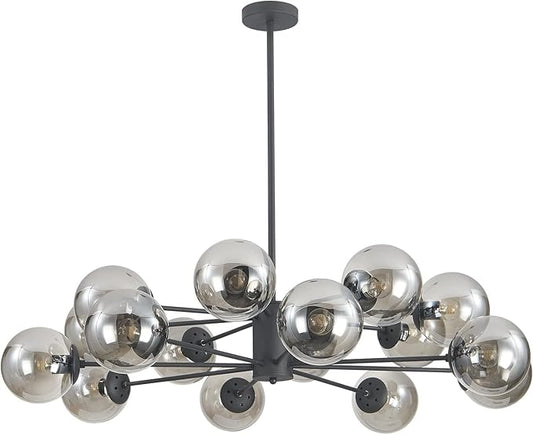 KCO Lighting Mid Century Modern Sputnik Chandelier Matte Black Smoke Gray Glass Sputnik Pendant Light 16-Light Globe Chandelier Farmhouse Kitchen Island Lighting Fixture (Black+Smoke Gray)
