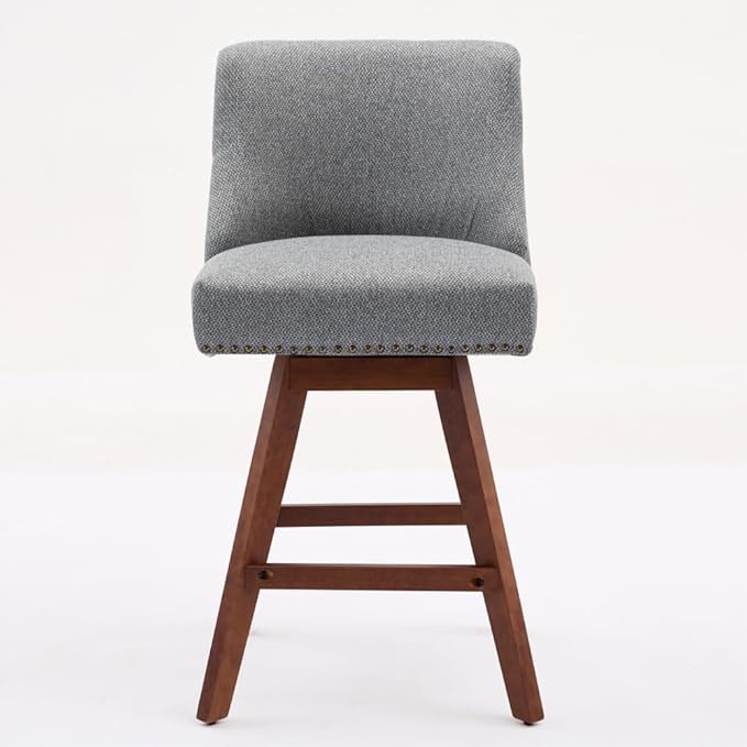 Comfortable Upholstered Swivel Bar Stool with Wooden Legs and Soft Fabric Seat for Kitchen Island or Home Bar Use (Gray + Wood+Fabric + Foam)