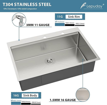 33 Inch Drop In Kitchen Sink 33x22 Inch Topmount Stainless Steel Sink Workstation16 Gauge Single Bowl 9 Inch Deep Basin