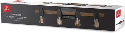 Globe Electric Phoenix 4-Light Vanity Light, Matte Black, Dark Faux Wood, Bulb Not Included