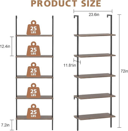 Wolawu 5 Tiers Ladder Shelf 2-Piece Black Modern Tall Bookshelf Open Large Tall Wall Mount Storage Bookcase Standing Leaning Wall Shelves Industrial Decorative (Brown)