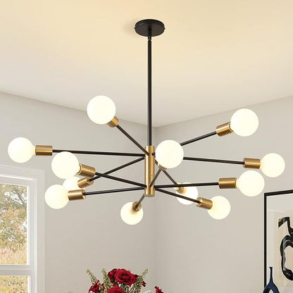 KAISITE Modern Chandelier 12-Light Sputnik Chandeliers Black and Gold Chandelier Light Fixtures for Dining Room Over Table Mid Century Height Adjustable High Ceiling Kitchen Farmhouse Chandelier