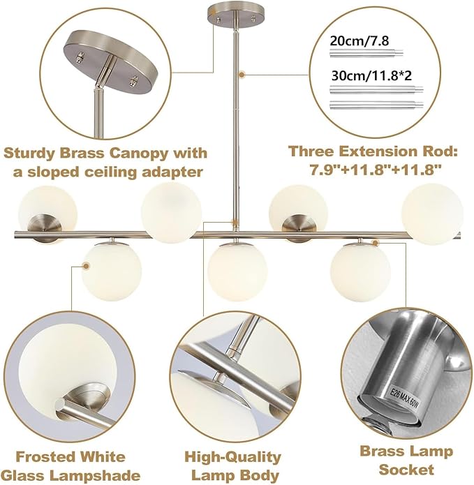 KCO Lighting Brushed Nickel Linear Chandelier White Milk Glass Chandelier Kitchen Linear Sputnik Pendant Light Mid Century Globe Pendant Light Fixture Modern Sliver Chandeliers Dining Room