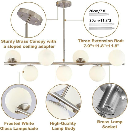 KCO Lighting Brushed Nickel Linear Chandelier White Milk Glass Chandelier Kitchen Linear Sputnik Pendant Light Mid Century Globe Pendant Light Fixture Modern Sliver Chandeliers Dining Room