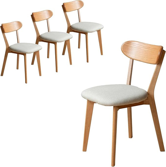Dining Chairs Set of 4, Solid Oak Wood Frame with Pear White Thick Upholstered Seat, Mid-Century Modern Curved Backrest, Heavy Duty 400 lb Capacity Padded Chairs for Dining Room & Breakfast Nook