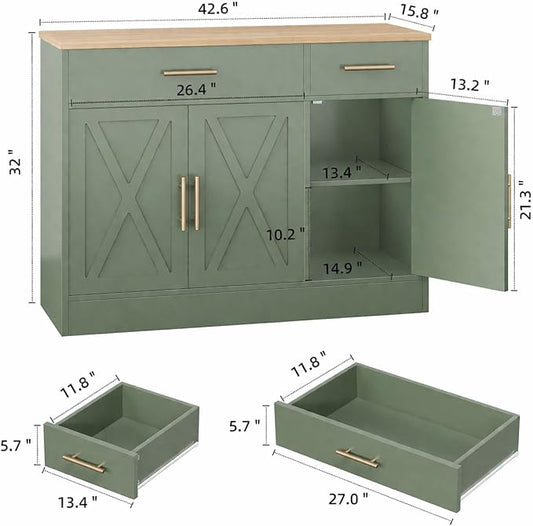 Shintenchi 3 Doors Farmhouse Sideboard Buffet Cabinet,42" Barn Doors Buffet with Storage,Wood Coffee Bar Cabinet with Adjustable Shelf for Kitchen,Living Room,Green