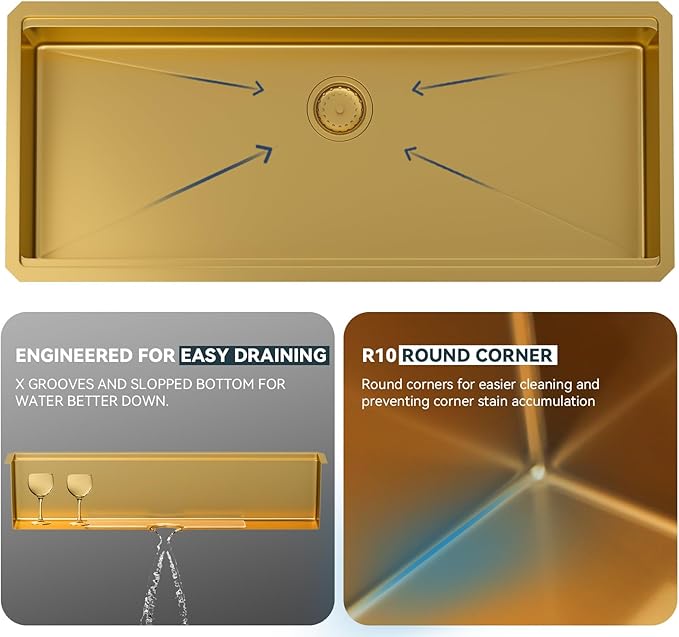 Lordear Luxury 45 Inch Gold Undermount Kitchen Sink Large Ledge Workstation T304 16 Gauge Stainless Steel Single Bowl Under Counter Gold Kitchen Sink with Built-in Accessories 45''x19''x10''