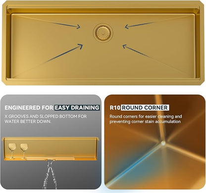 Lordear Luxury 45 Inch Gold Undermount Kitchen Sink Large Ledge Workstation T304 16 Gauge Stainless Steel Single Bowl Under Counter Gold Kitchen Sink with Built-in Accessories 45''x19''x10''