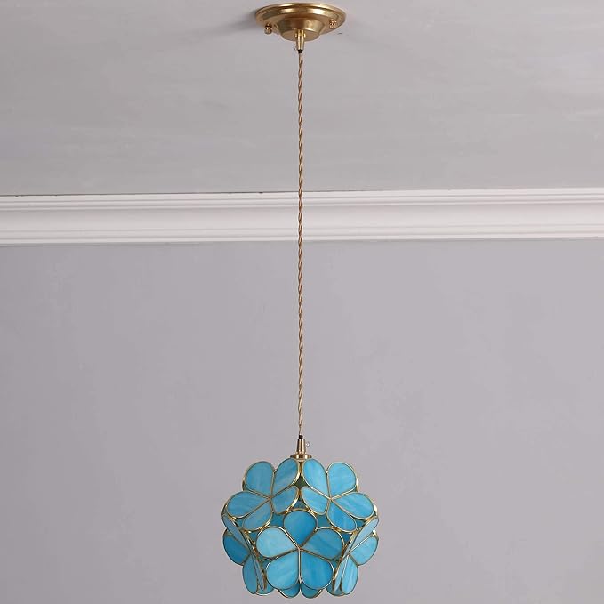 Bieye L10747 Petals Tiffany Style Stained Glass Ceiling Pendant Light with 8-inch Wide Lampshade (Sky Blue, 8" Cherry Blossom)
