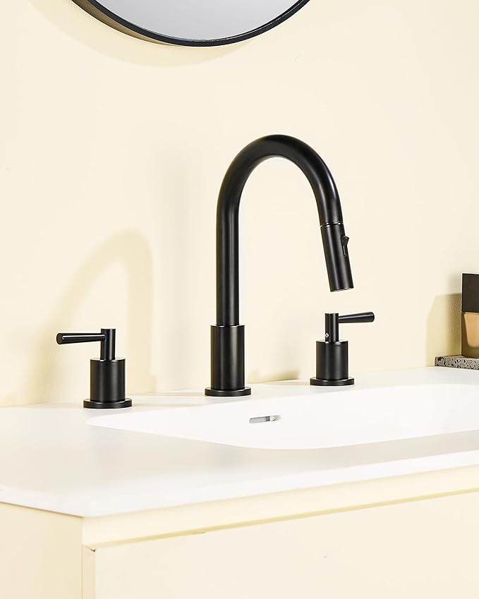 Black Bathroom Faucet 3 Hole - 8 Inch Matte Black Widespread Bathroom Faucet with Sprayer, Sink Faucet Bathroom 2 Handles - Pull Down Vanity Faucets with Pop Up Drain and Supply Lines