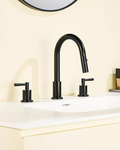 Black Bathroom Faucet 3 Hole - 8 Inch Matte Black Widespread Bathroom Faucet with Sprayer, Sink Faucet Bathroom 2 Handles - Pull Down Vanity Faucets with Pop Up Drain and Supply Lines