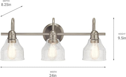 Kichler Avery 24" Vanity Bath Light in Brushed Nickel, Vintage 3-Light Bathroom Wall Mount Fixtured with Clear Seeded Glass, (24" W x 9.25" H), 45973NI