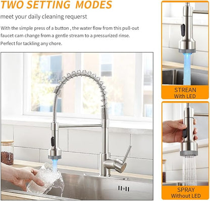 LED Light Kitchen Faucet with Pull Down Sprayer Sus304 Stainless Steel Industrial Single Handle Faucet for Farmhouse Camper Laundry Utility Rv Wet Bar Sinks Brushed Nickel 9003SN