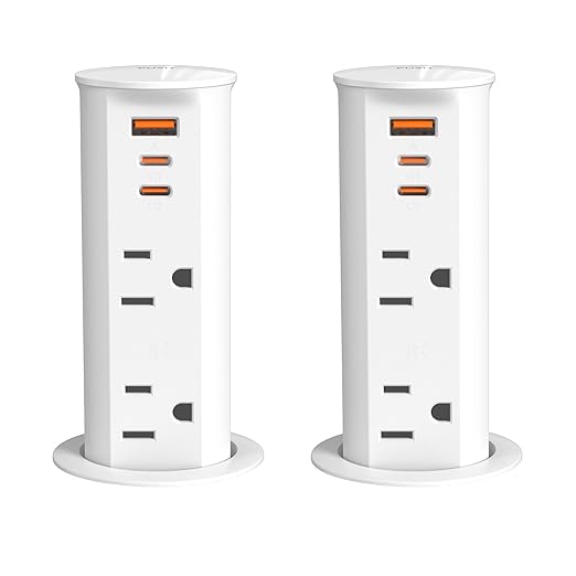 ANNQUAN 2 Pack 2 inch Space Saver Pop Up Outlet for Countertop with PD20W USB Ports,2 Outlets Tamper Resistant,Splashproof Pop Up Socket White (ETL Listed)