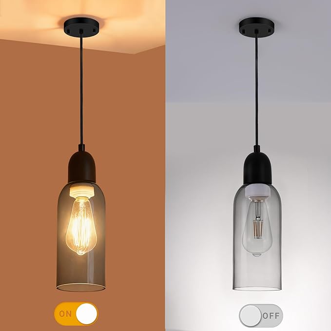 Modern Pendant Lights, Smoked Grey Glass Hanging Lamp with Matte Black Finish, Adjustable 48" Cord Pendant Light Fixtures for Kitchen Island Sink Bar Dining Room Farmhouse, E26 Base