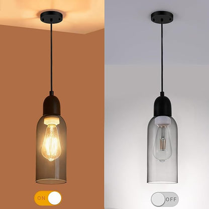 Modern Pendant Lights, Smoked Grey Glass Hanging Lamp with Matte Black Finish, Adjustable 48" Cord Pendant Light Fixtures for Kitchen Island Sink Bar Dining Room Farmhouse, E26 Base