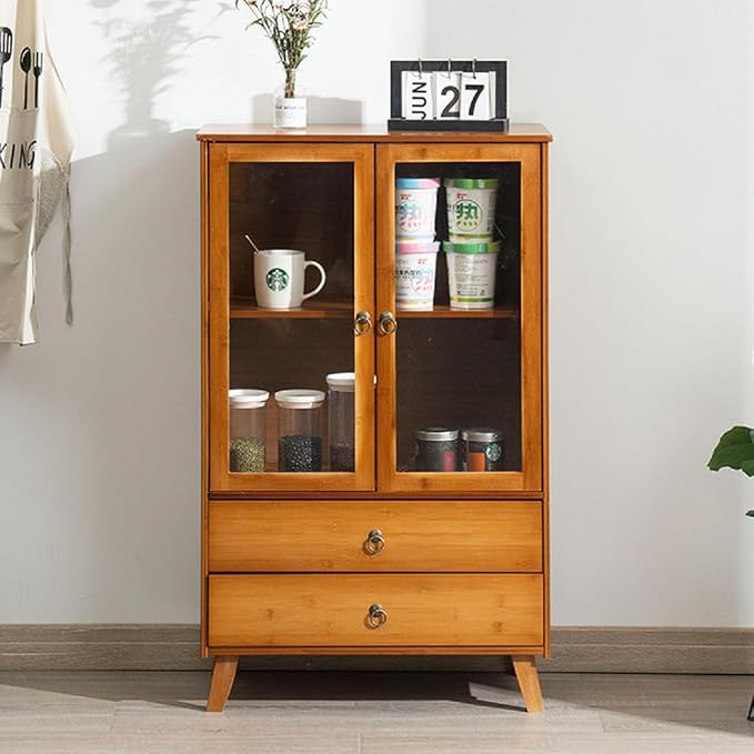 Gdrasuya10 Bamboo Kitchen Pantry Buffet Storage Sideboard, Pantry Sideboard Cabinet with 2 Drawers Kitchen Cupboard Buffet Server Freestanding Coffee Bar Storage Cabinet for Home