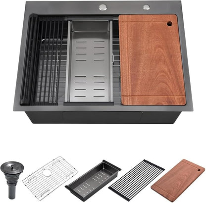 28 Black Drop in Kitchen Sink, Luckyhorse 16 Gauge Nano Black Stainless Steel 28x22x10 Inches Topmount Workstation Kitchen Sinks LH005S