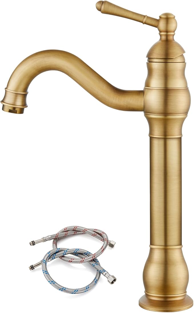 gotonovo Vessel Sink Faucet 360° Swivel Spout Single Handle Tall Bathroom Faucet 1 Hole Farmhouse Lavatory Washbasin Mixer Tap Matching Supply Hoses, Without Pop Up Drain, Antique Brass