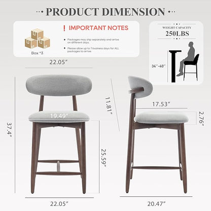 COLAMY Bar Stools Set of 6, Counter Height Bar Stools, Upholstered Counter Stools with Wood Legs for Kitchen Island Dining Room Bar, Light Grey