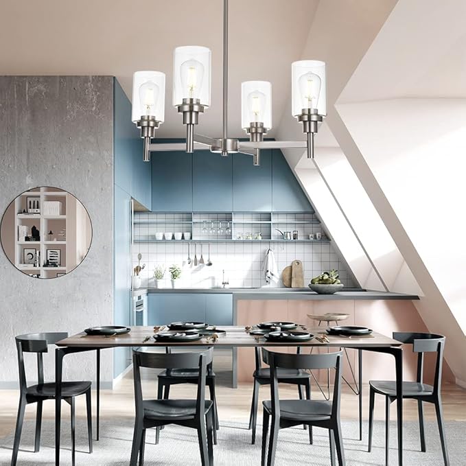 VINLUZ 4 Light Modern Chandelier Brushed Nickel Pendant Lighting Clear Glass Shades Contemporary Ceiling Light Fixtures for Dining Room Kitchen Living Room