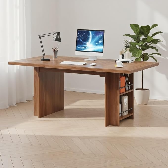 63 Inch Farmhouse Dining Table with Integrated Storage Shelves, Brown Oak Wooden Kitchen Table for 6 to 8 People, Large Home Office Computer Desk with 300lb Weight Capacity