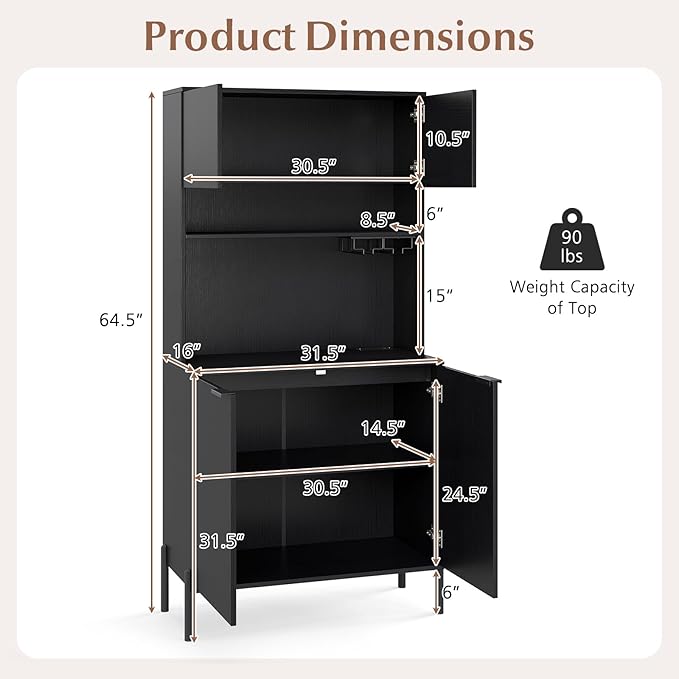 Giantex 64.5" Kitchen Pantry Cabinet with Charging Station, Tall Buffet Hutch with Storage Cabinets, Adjustable Shelf, Wine Racks, Modern Sideboard for Dining Room, Living Room, Coffee Bar, Black