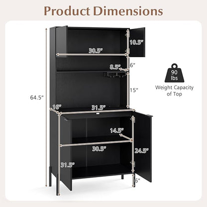 Giantex 64.5" Kitchen Pantry Cabinet with Charging Station, Tall Buffet Hutch with Storage Cabinets, Adjustable Shelf, Wine Racks, Modern Sideboard for Dining Room, Living Room, Coffee Bar, Black