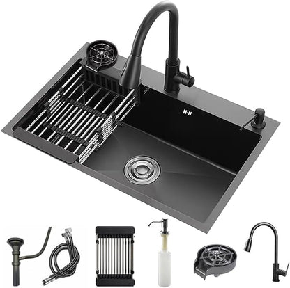 Black Kitchen Sink with Faucet, Top Mount/Drop-In 3 Hole Single Bowl Stainless Steel Sink with Cup Washer, Soap Dispenser, Drainage kit for Bar, Kitchen, Balcony (19.7 * 17.7in)
