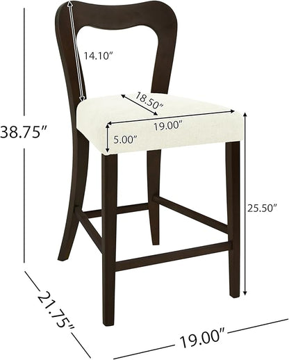 Counter Stools Without Arms Set of 2 (Dark Brown + Beige) - Solid Rubberwood Frame & Fabric Seat, Ergonomic Curved Back, 300LBS Capacity for Kitchen Island, Dining Room, Home Bar