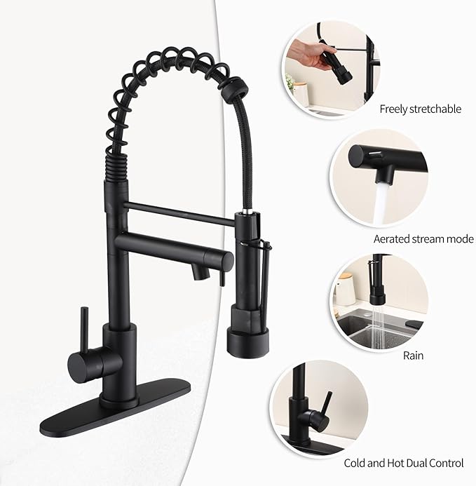 Wicbim Kitchen Sink Faucet with Pull Down Sprayer Contemporary Stainless Steel Single Handle Spring Kitchen Faucets Double-Headed with Deck Plate
