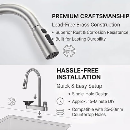 2-in-1 Kitchen Faucet with Pull Down Sprayer, 3 Spray Modes & Built-in Glass Rinser, Lead-Free Brass Single Handle, Brushed Nickel, Fits 1 or 3 Hole Sink, Suitable for Farmhouse Rv Bar