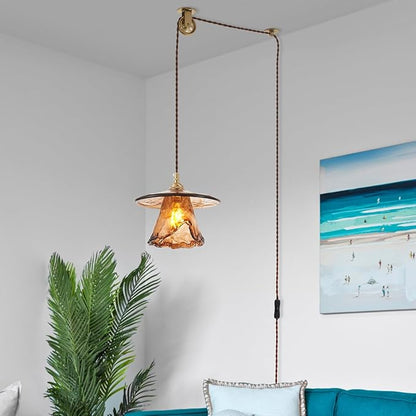 YLONG-ZS Vintage Glass Hanging Pendant Light Plug in, Modern Gold Brass Pulley Hanging Ceiling Pendant Lights for Kitchen Island,Dining Room,Living Room,Bedroom,Corner, Hotel