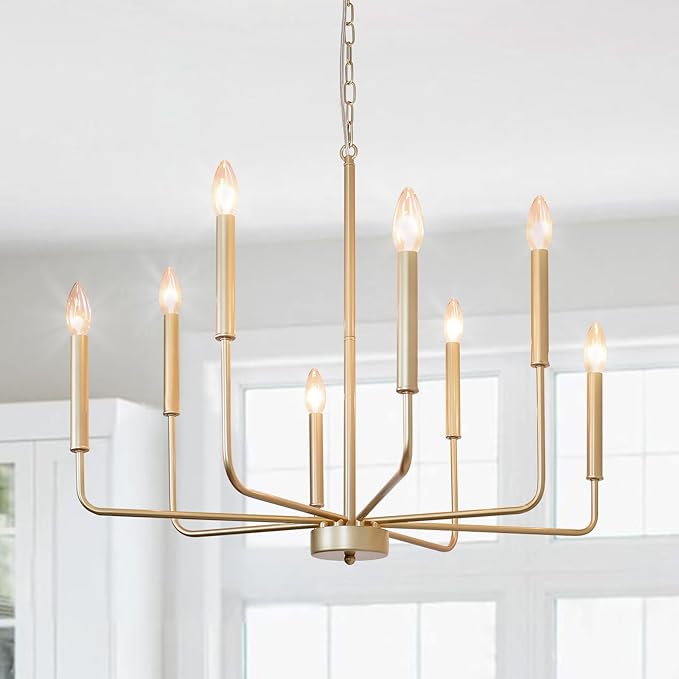 Gold Chandelier: 8-Light 29.5 Inch Candle Style Chandelier with Candelabra Arms - Modern Farmhouse Dining Room Light Fixture for Foyer Kitchen Island - E12 Base