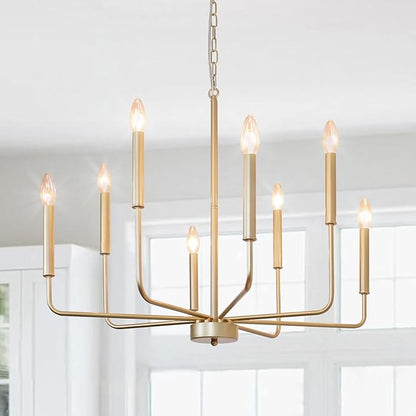 Gold Chandelier: 8-Light 29.5 Inch Candle Style Chandelier with Candelabra Arms - Modern Farmhouse Dining Room Light Fixture for Foyer Kitchen Island - E12 Base