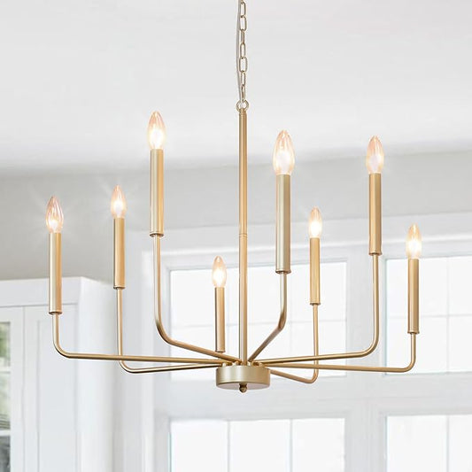 Gold Chandelier: 8-Light 29.5 Inch Candle Style Chandelier with Candelabra Arms - Modern Farmhouse Dining Room Light Fixture for Foyer Kitchen Island - E12 Base