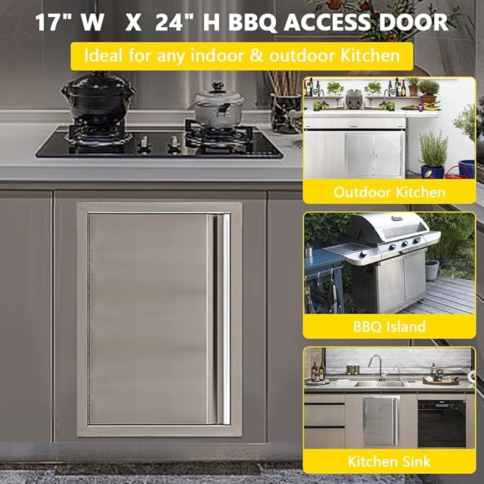 Outdoor Kitchen Single Doors,17" W x 24" H Stainless Steel BBQ Access Door with Inline Grip,Easy Installation, Rust Resistant and Durable for BBQ Island,Grilling Station,Your Outdoor Cooking Space