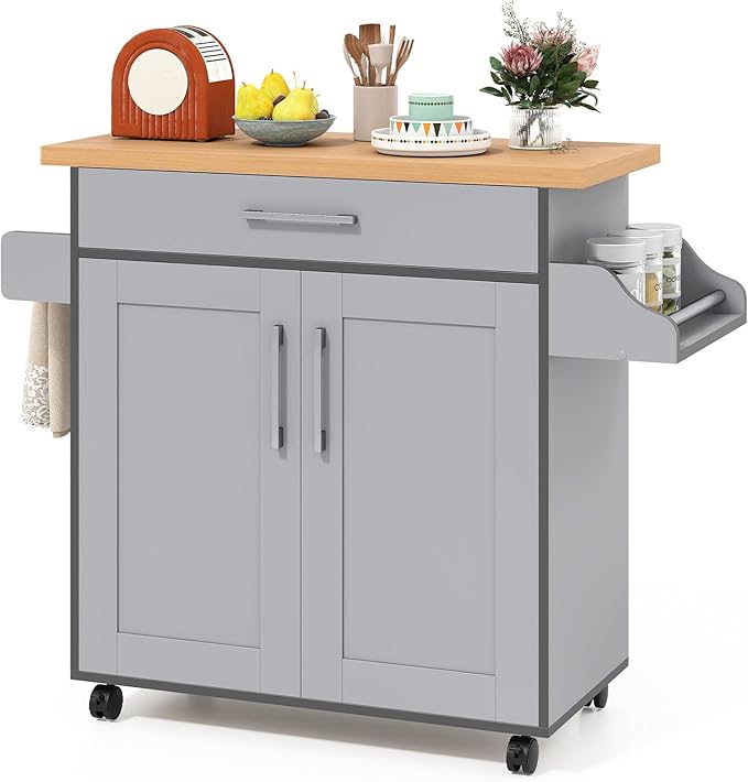 Giantex Kitchen Island, Rolling Kitchen Cart with Spice and Towel Rack, Large Drawer & 2-Door Storage Cabinet, Home Service Cart on Lockable Wheels, Wood Kitchen Trolley, Spacious Tabletop (Gray)