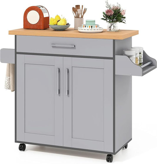 Giantex Kitchen Island, Rolling Kitchen Cart with Spice and Towel Rack, Large Drawer & 2-Door Storage Cabinet, Home Service Cart on Lockable Wheels, Wood Kitchen Trolley, Spacious Tabletop (Gray)