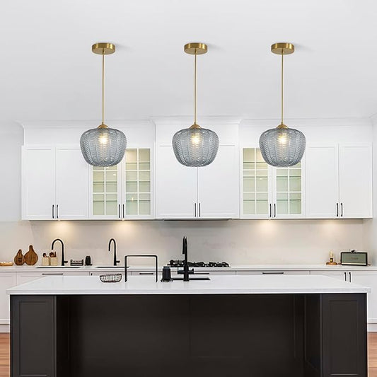 KCO Lighting Mid Century Modern Globe Hanging Light Brushed Gold Pendant Light Fixture Small Smoked Glass Pendant Light Vintage Striped Glass Ceiling Light Brass Kitchen Light Fixtures