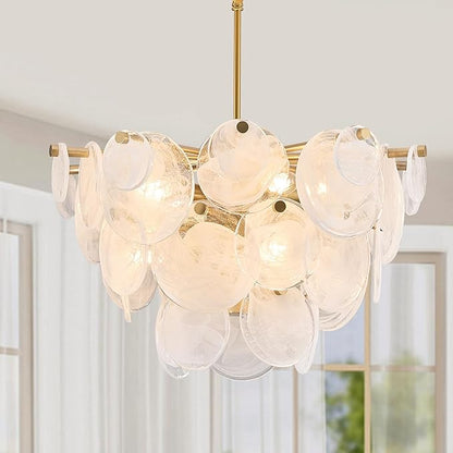 Gold Chandelier for Bathroom Alabaster Dining Room Light Fixture Modern Glass Chandeliers for Bedroom Living Room Kitchen Entryway Stairway and Foyer（Vintage capiz）