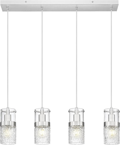 LMS 4-LightIsland Lighting, Brushed Nickel Kitchen Island Light Fixture, Farmhouse Linear Chandeliers for Dining Room Over Table Pendant Light with Hammered Glass for Living Room, LMS-171BN4L