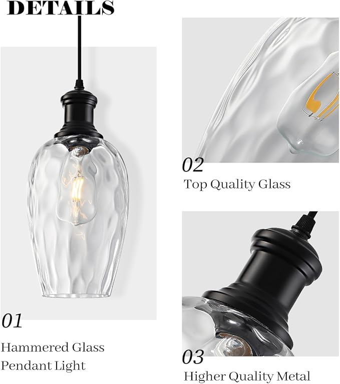 Pendant Lights Kitchen Island, 6.3” Black Blown Glass Pendant Lights 1-Pack, Farmhouse Pendant Light with Clear Hammered Glass, Modern Kitchen Pendant Light for Dining Room, Bathroom, Cafe