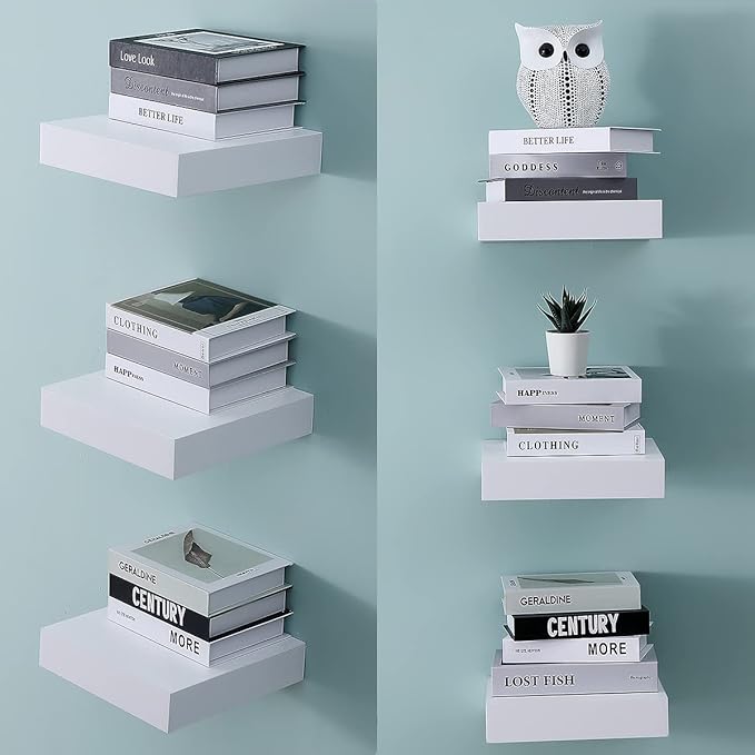 WELLAND 9 1/4 inch White Mission Floating Shelves for Wall, Bathroom Wall Mount Shelves, Wood Modern Display Shelves, Book Shelves,for Bedroom,Living Room and Kitchen